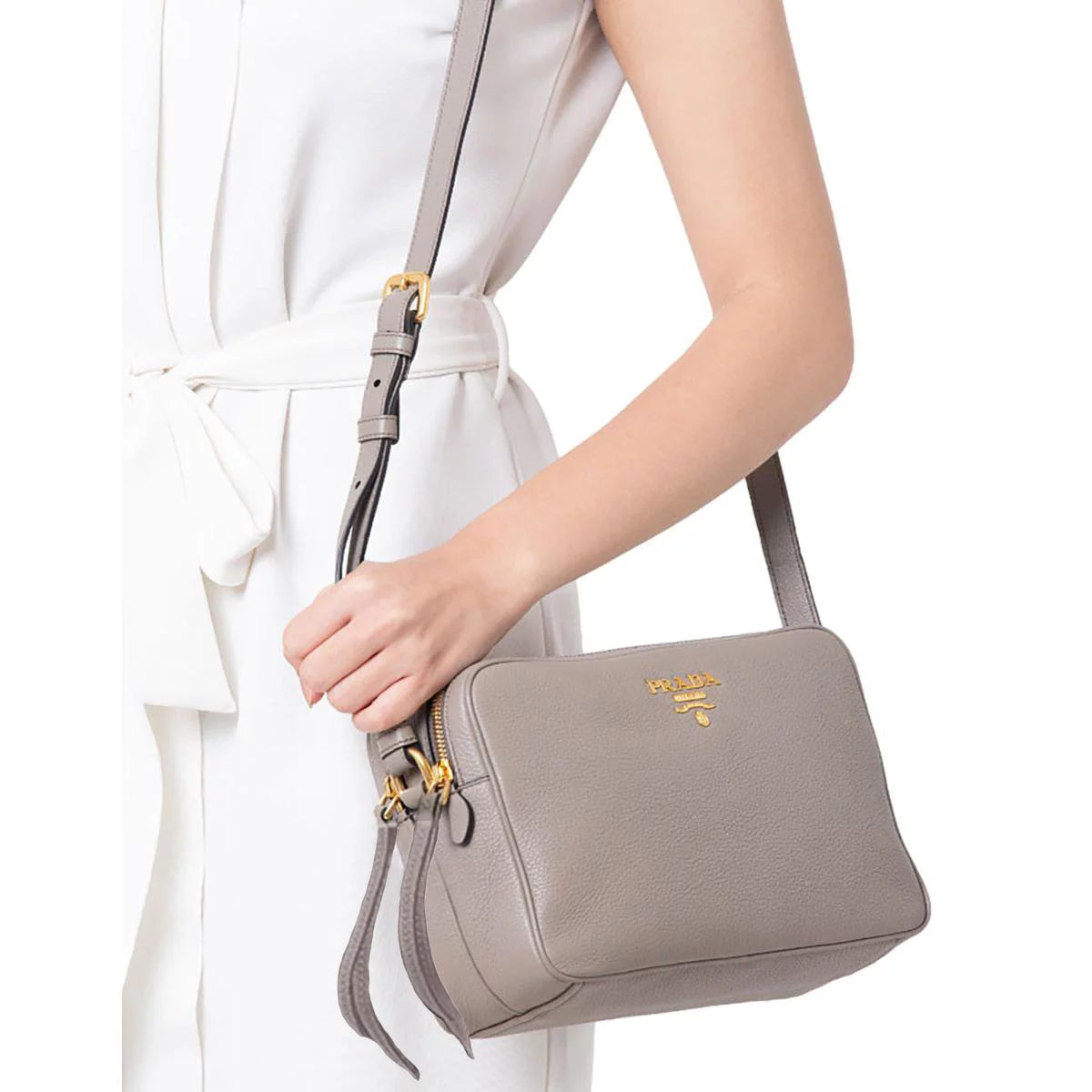New Argilla Grey Vitello Phenix Leather Double Zip Crossbody Bag 1BH079
